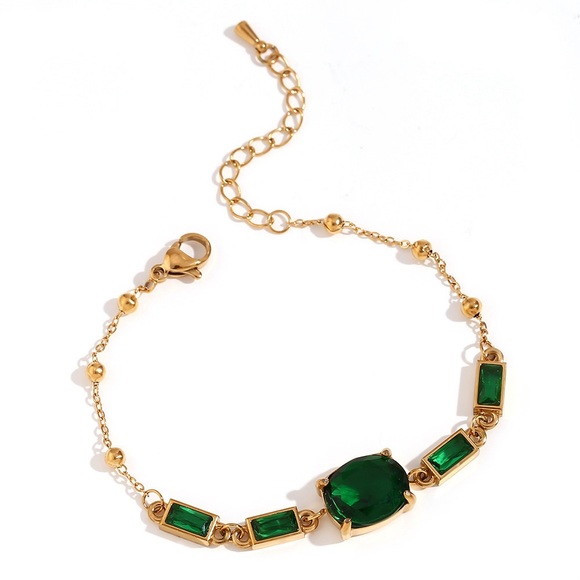 18K Gold Plated Green Emerald Cubic Zirconia Bracelet*Waterproof*Tarnish Free* - Picture 3 of 9